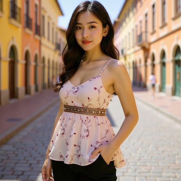 Papaya Tops - Papaya Womens Y2K Embroidered Babydoll Top Beige Floral Handkerchief Hem MEDIUM